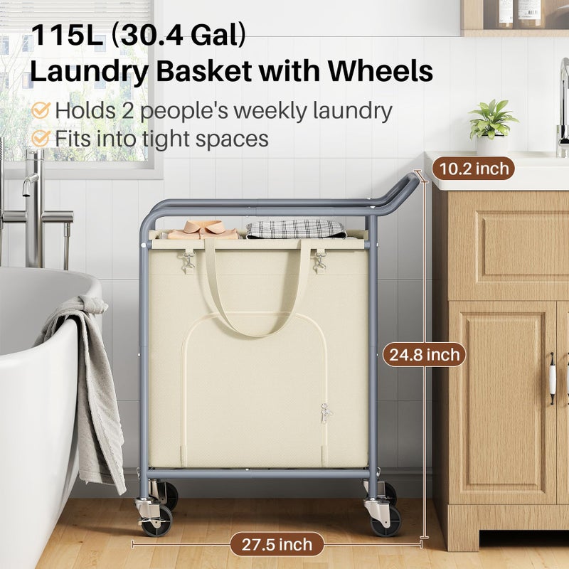 Branwick Laundry Basket with Wheels,114L Large Rolling Laundry Hamper, Heavy-Duty Laundry Cart Sturdy Metal Frame with Handle, Minimizes Bending Easy Access Clothing for Bedroom, Bathroom, Laundry Room (Beige) - Image 2