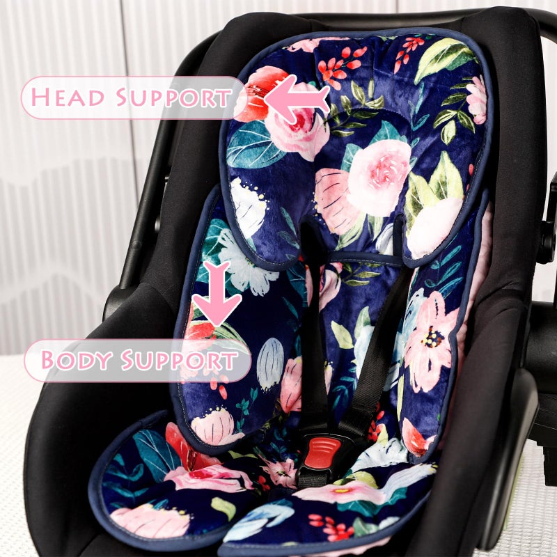 Jundetye Infant Car Seat Insert, 2 in 1 Baby Head and Body Support for Car Seat, Soft Plush Newborn Carseat Cushion for Stroller Bouncer, Blue Floral - Image 2