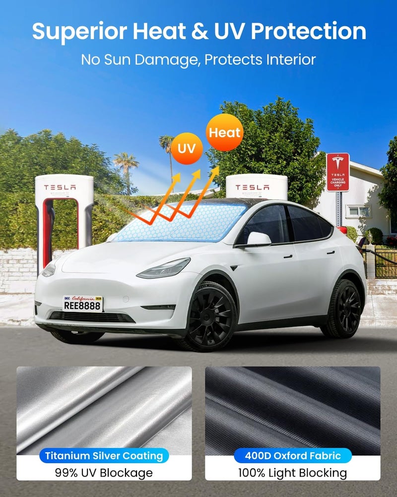 REEVAA 2025 Upgrade Tesla Model Y (2019-2026 Juniper) Windshield Sun Shade [99% Sun Protection for Ultimate Interior Protection] Keep Cool, Foldable Sunshade Car Accessories with Storage Bag - Image 3