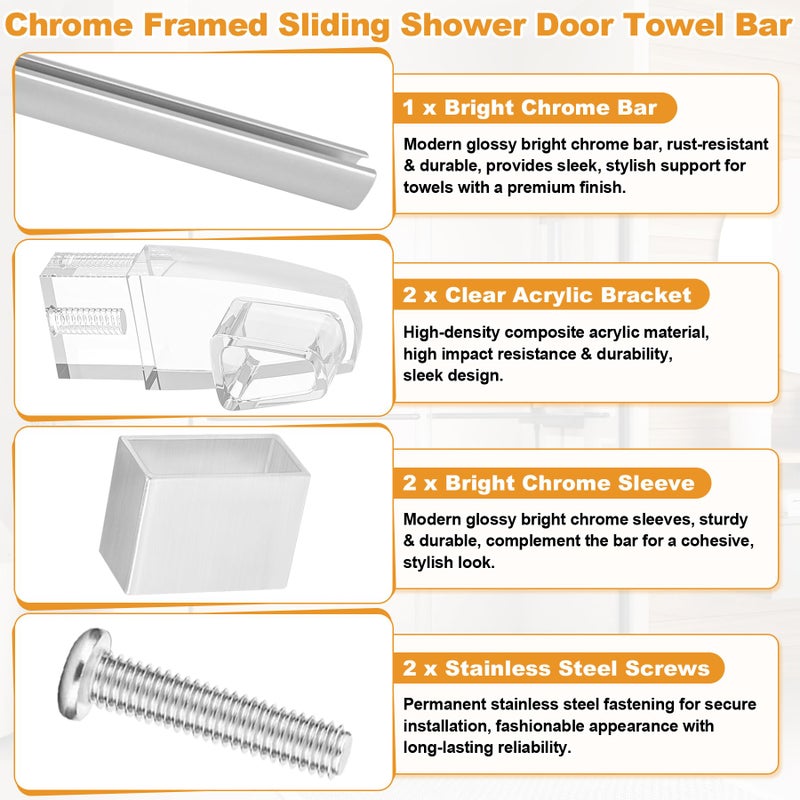 BigHead Glass Shower Door Towel Bar 25" Bright Chrome Compatible with Alumax Basco Sliding Shower Door Handle Replacement with Silver Transparent Brackets,Fits Framed Shower/Tub Enclosure Doors Up to 26" Wide - Image 3