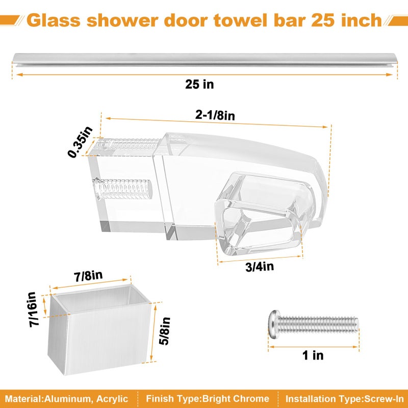 BigHead Glass Shower Door Towel Bar 25" Bright Chrome Compatible with Alumax Basco Sliding Shower Door Handle Replacement with Silver Transparent Brackets,Fits Framed Shower/Tub Enclosure Doors Up to 26" Wide - Image 2