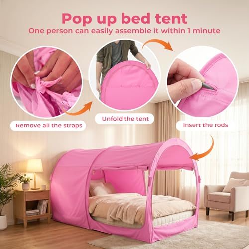 LEEDOR Bed Tent Dream Tents Bed Canopy Shelter Cabin Indoor Privacy Warm Breathable Pop Up Full Size for Kids and Adult Patent Pending Pink(Mattress Not Included) - Image 4