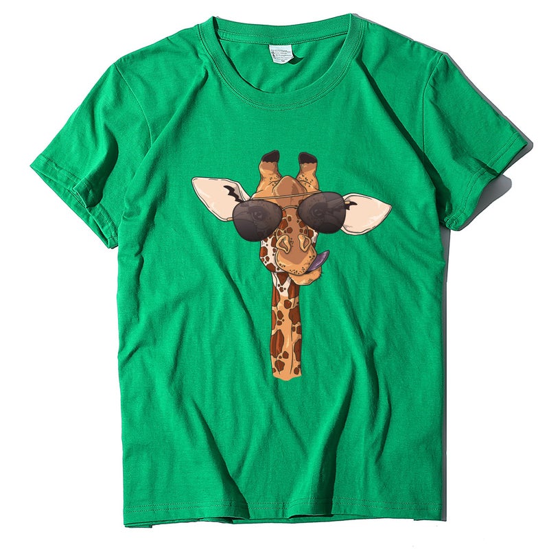 Giraffe Print with Glasses European and American Women and Girls T-Shirt Letter Print Loose plus size Women T-Shirt 10746 - Image 1