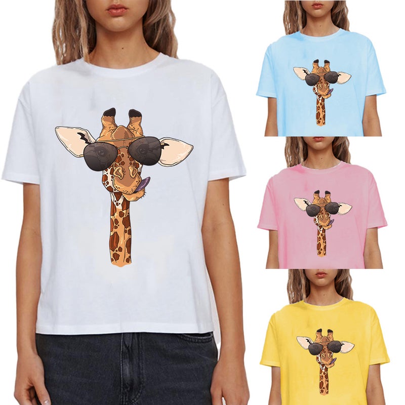 Giraffe Print with Glasses European and American Women and Girls T-Shirt Letter Print Loose plus size Women T-Shirt 10746 - Image 2