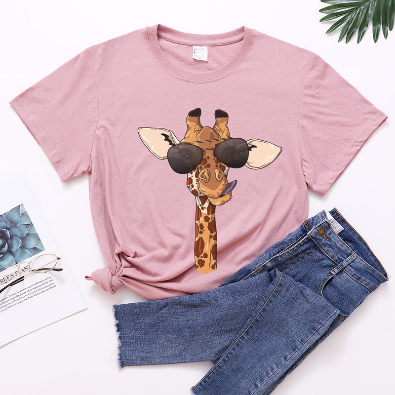 Giraffe Print with Glasses European and American Women and Girls T-Shirt Letter Print Loose plus size Women T-Shirt 10746 - Image 5