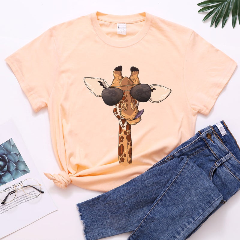 Giraffe Print with Glasses European and American Women and Girls T-Shirt Letter Print Loose plus size Women T-Shirt 10746 - Image 4