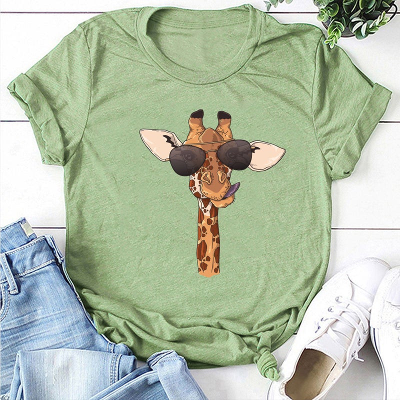 Giraffe Print with Glasses European and American Women and Girls T-Shirt Letter Print Loose plus size Women T-Shirt 10746 - Image 3