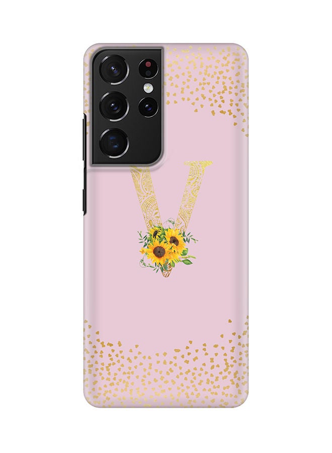 Stylizedd Monogram Slim Cover for Samsung Galaxy S21 Ultra 5G Case Custom Initials Letter Floral Pattern Snap Series Mobile Cover Matte Alphabet  - V (Pink) - Image 1