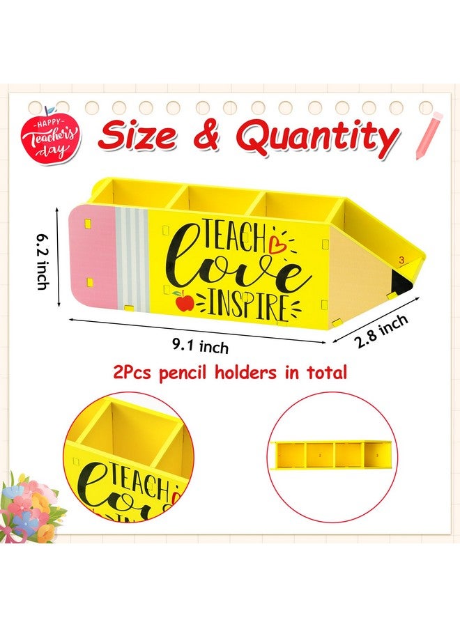 MALLMALL6 2 Pack Teacher Appreciation Gifts Pencil Shape Pencil Holder for Teacher, Wooden Desktop Pen Organizer with TEACH Love INSPIRE for Xmas End of Year Gift School Office Classroom - Image 2