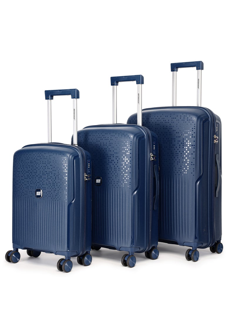 السياحية البريطانية طقم حقائب سفر صلبة من ثلاث قطع من مادة البولي بروبلين مع عجلات دوّارة بمقاسات 20/24/28 بوصة - أزرق كحلي - Image 1
