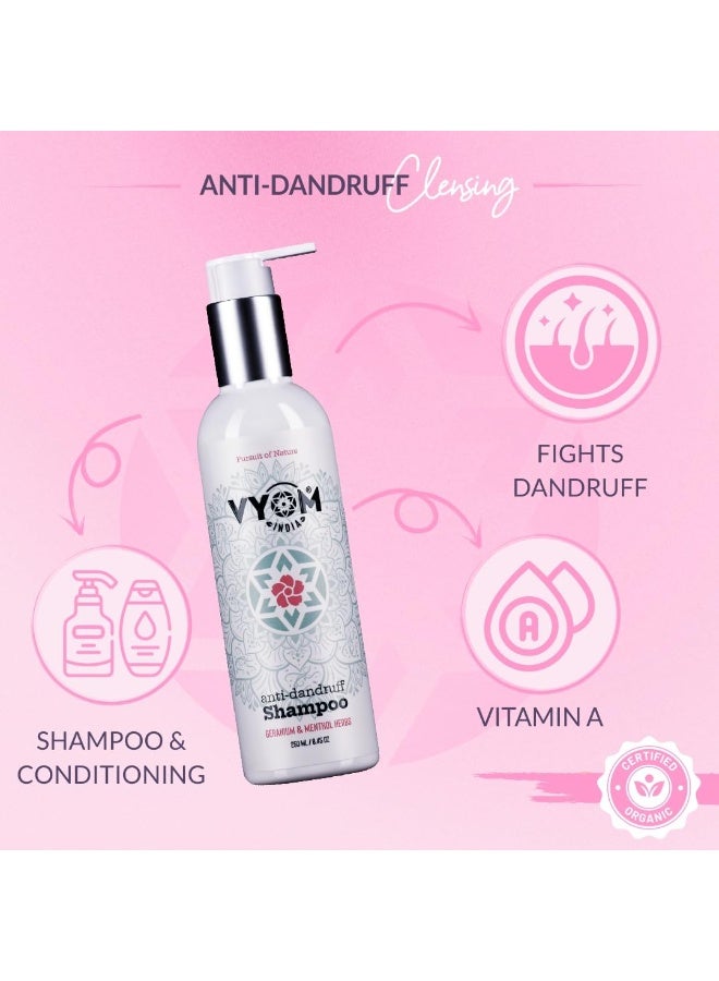 VYOM India Anti Dandruff Shampoo for Men & Women, 2 in 1 Active Conditioning, Geranium & Menthol Herbs Dandruff Shampoo, Natural & Herbal, Sulphate & Parabeen Free, For All Hair Types - 250ML - Image 4