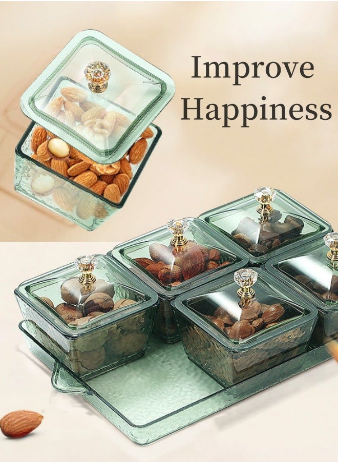 Generic - 4 Snack Serving Tray With Lid Clear Plastic Food Display Bowls Relish Storage Organizer Plate For Dried Fruit Candy Nuts Chip Appetizer (Dark Green) - Image 1