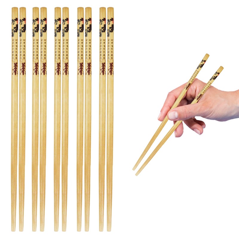 RIANZ Set of 5 Pairs Designer Natural Wooden Round Bamboo Reusable Chopsticks Size 23 Cm Design 3 - Image 1