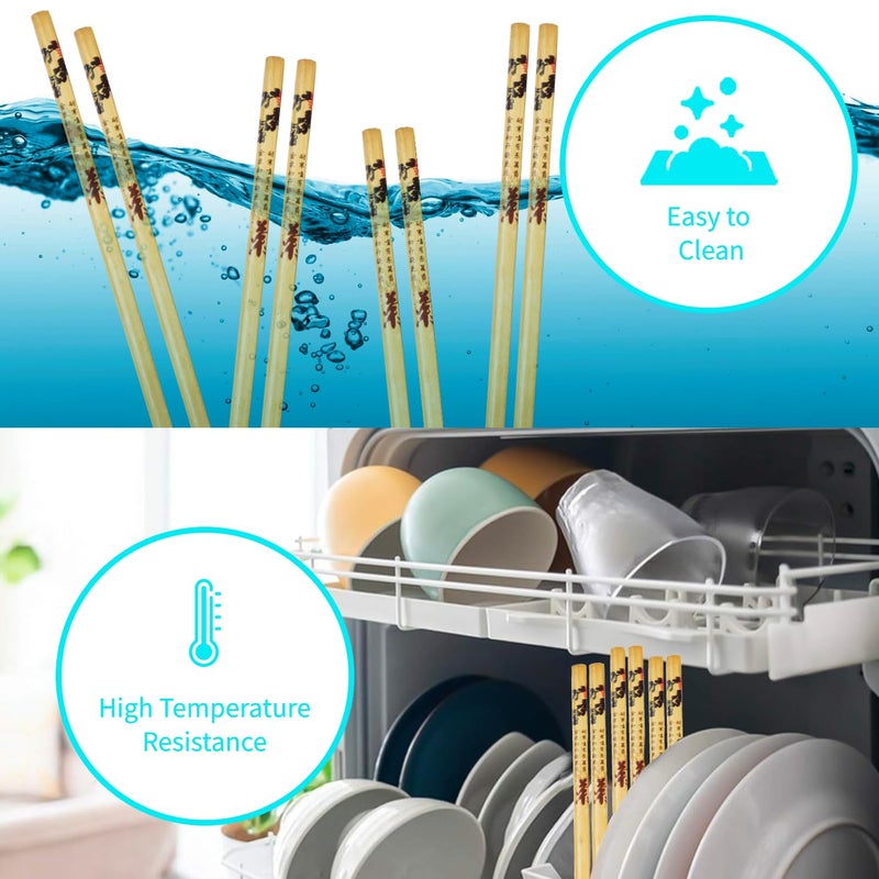 RIANZ Set of 5 Pairs Designer Natural Wooden Round Bamboo Reusable Chopsticks Size 23 Cm Design 3 - Image 5