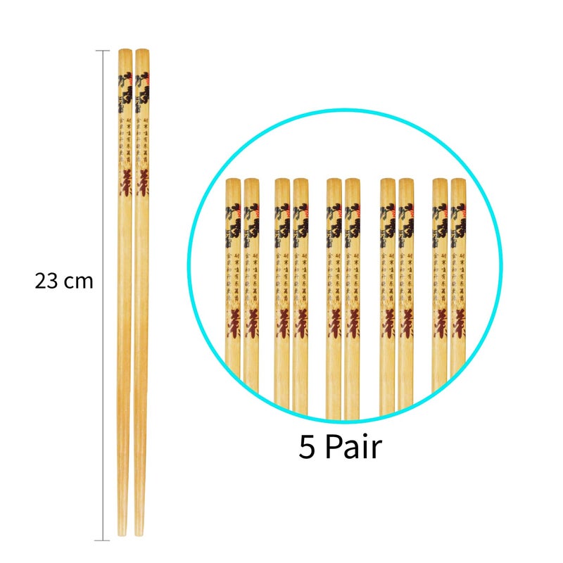 RIANZ Set of 5 Pairs Designer Natural Wooden Round Bamboo Reusable Chopsticks Size 23 Cm Design 3 - Image 3