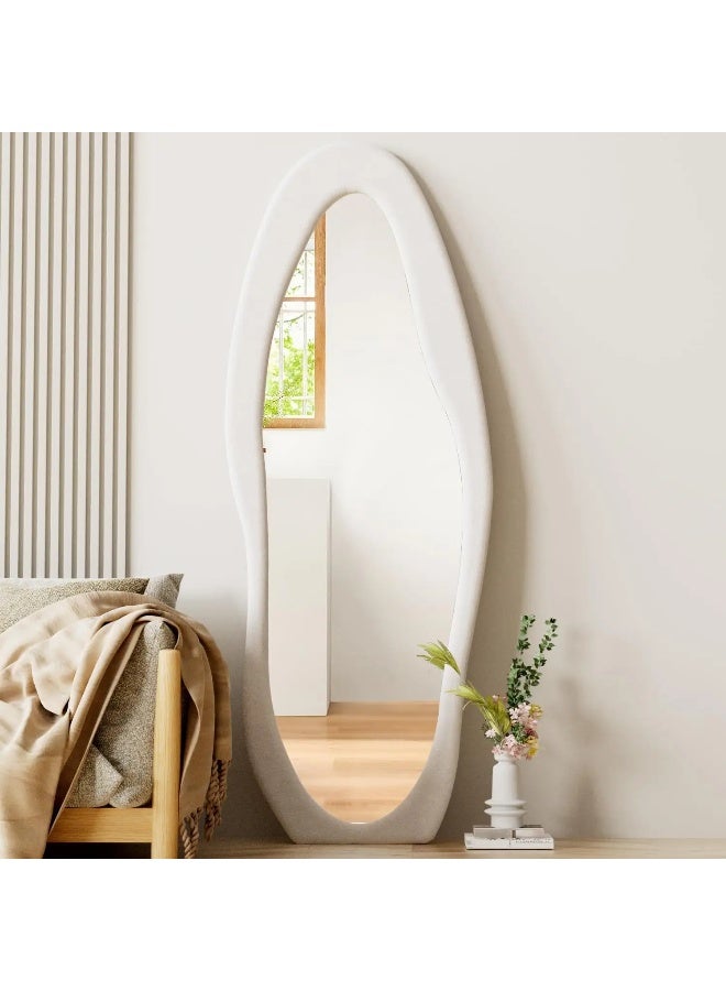Noon East Irregular Full Length Wavy Mirror, Flannel Wrapped Frame, Floor Standing Dressing Mirror, Space Modern Style, White, L160 x W60 cm, Living Room  - Image 1