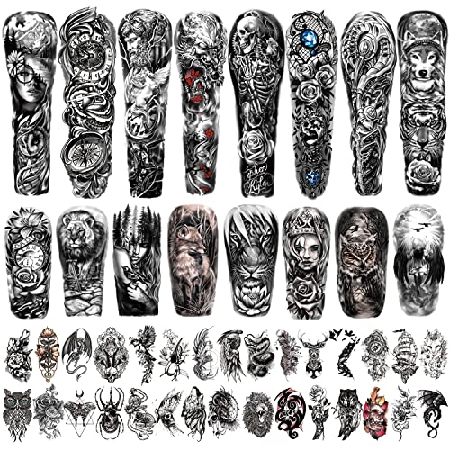 Metuu Full Arm Temporary Tattoo Waterproof For Men(L22.8“xW7”), 46 Sheets Fake Tattoos for Women Lion Tiger Clock Flower Skeleton Animals Design, Hand Forearm Shoulder 3D Temporary Tattoos Stickers - Image 5
