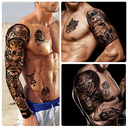 Metuu Full Arm Temporary Tattoo Waterproof For Men(L22.8“xW7”), 46 Sheets Fake Tattoos for Women Lion Tiger Clock Flower Skeleton Animals Design, Hand Forearm Shoulder 3D Temporary Tattoos Stickers - Image 3
