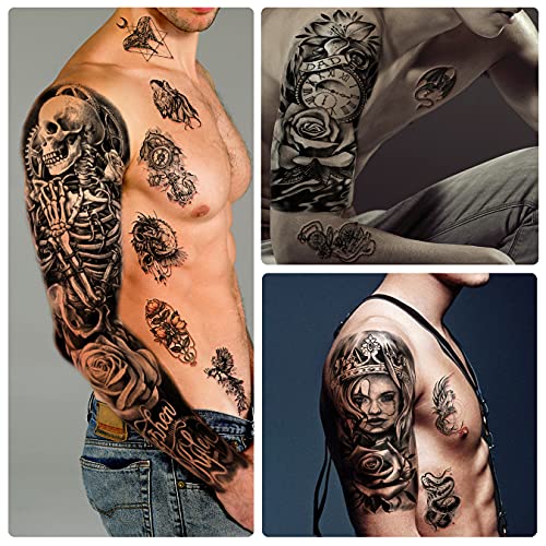 Metuu Full Arm Temporary Tattoo Waterproof For Men(L22.8“xW7”), 46 Sheets Fake Tattoos for Women Lion Tiger Clock Flower Skeleton Animals Design, Hand Forearm Shoulder 3D Temporary Tattoos Stickers - Image 4