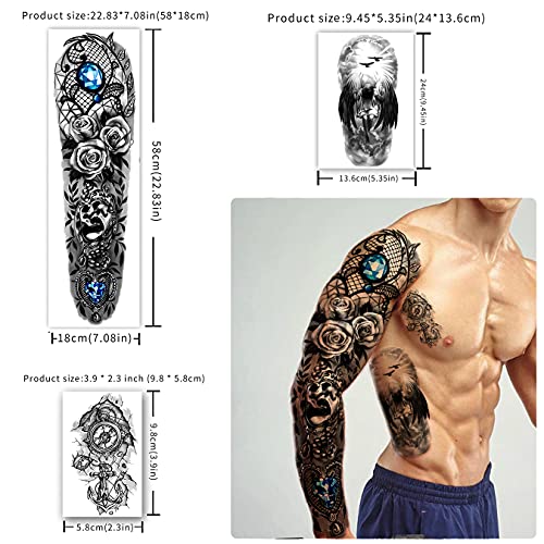 Metuu Full Arm Temporary Tattoo Waterproof For Men(L22.8“xW7”), 46 Sheets Fake Tattoos for Women Lion Tiger Clock Flower Skeleton Animals Design, Hand Forearm Shoulder 3D Temporary Tattoos Stickers - Image 2