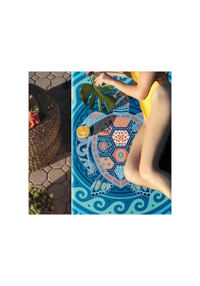 Oversized Microfiber Beach Towel with Tropical Blue Turtle Design - Image 2