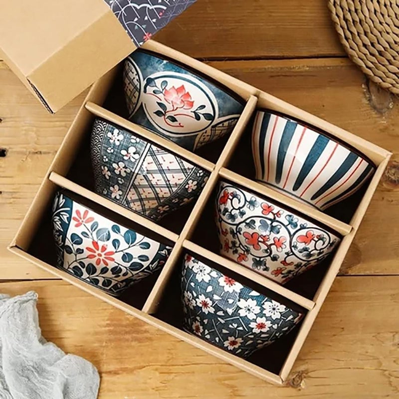 pepplo Blue Floral Porcelain Soup Bowls, Rice Bowls, Japanese Style Noodle Bowls, Cereal Bowls, Dessert Bowls, Snack Bowls, Fruit Bowls, Salsa Bowls, Ramen Bowl Set, Tableware Gift Box (Multicolor, 6 Piece) - Image 3