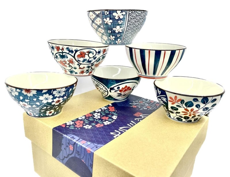 pepplo Blue Floral Porcelain Soup Bowls, Rice Bowls, Japanese Style Noodle Bowls, Cereal Bowls, Dessert Bowls, Snack Bowls, Fruit Bowls, Salsa Bowls, Ramen Bowl Set, Tableware Gift Box (Multicolor, 6 Piece) - Image 1