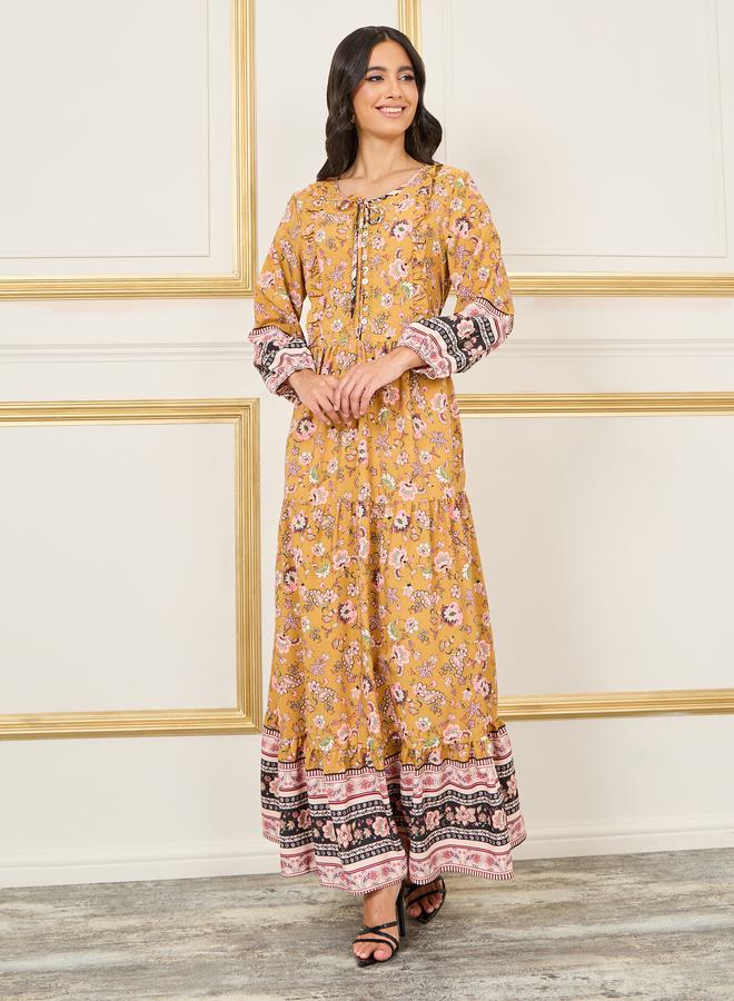 Styli Lace Ladder Floral Print Tie Up Neck A-Line Maxi Dress  - Image 1