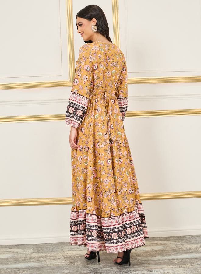 Styli Lace Ladder Floral Print Tie Up Neck A-Line Maxi Dress  - Image 4