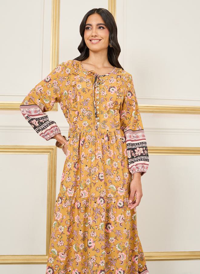 Styli Lace Ladder Floral Print Tie Up Neck A-Line Maxi Dress  - Image 2