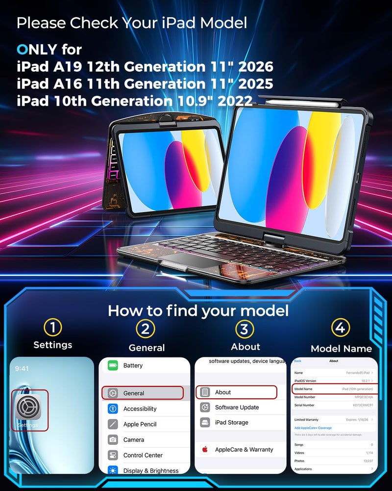 SIBEITU Keyboard Case for iPad A16 11th Gen 11" 2025 & 10th Gen 10.9" 2022, Clear Wireless Keyboard Protective Cover with Multi-Touch Trackpad, 7-Color Backlight & 3-Brightness, 360 Rotatable, Black - Image 2