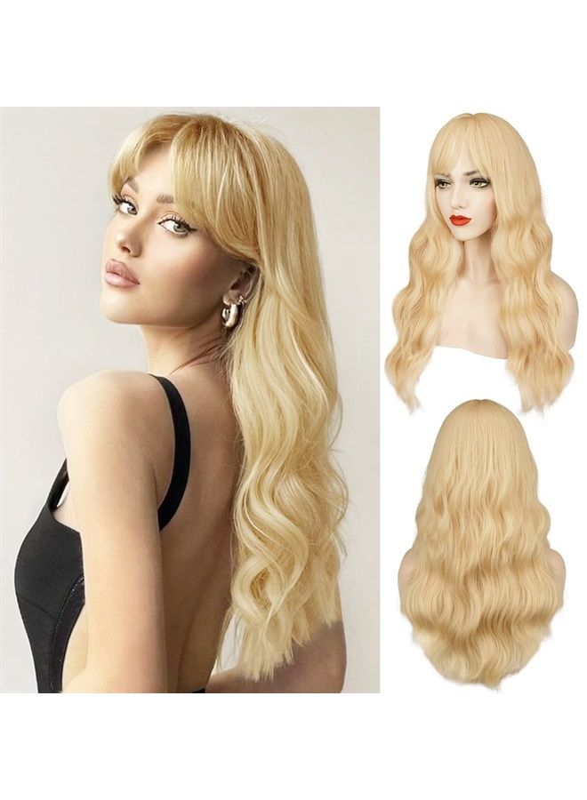 BARSDAR Long Blonde Wig With Bangs, Blond Long Wavy Wig With Bangs For Women Body Wavy Synthetic Hair Wigs Blonde Curly Wig Cosplay Natural Looking Heat Resistant Daily Party Halloween-26'', Blonde - Image 1