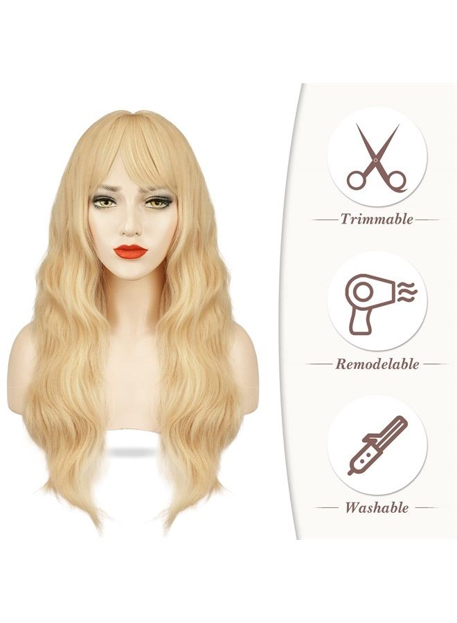 BARSDAR Long Blonde Wig With Bangs, Blond Long Wavy Wig With Bangs For Women Body Wavy Synthetic Hair Wigs Blonde Curly Wig Cosplay Natural Looking Heat Resistant Daily Party Halloween-26'', Blonde - Image 2