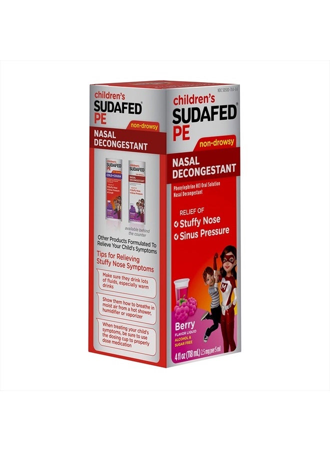 Sudafed Children's PE Nasal Decongestant, Liquid Cold Relief Medicine with Phenylephrine HCl, Alcohol Free and Sugar-Free, Berry-Flavored, 4 fl. oz - Image 3