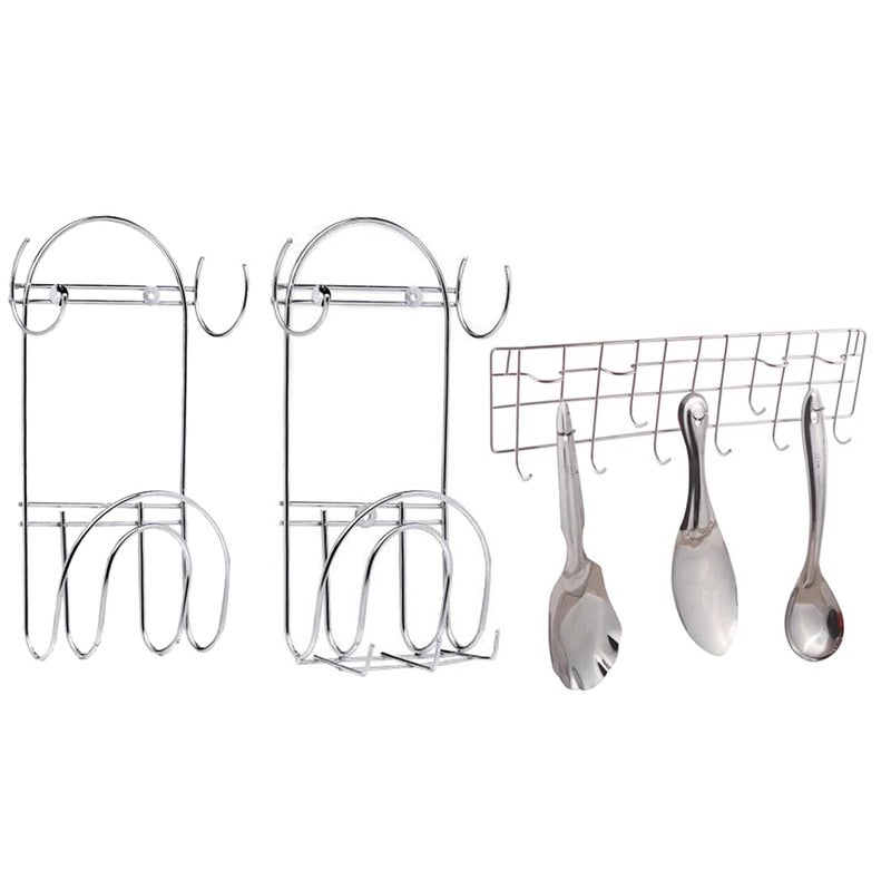 JISUN Stainless Steel Wall Mounted Chakla Belan StandRolling Pin Pack of 2 Wall Mounted Ladle Hook Rail for Kitchen Silver  - Image 1