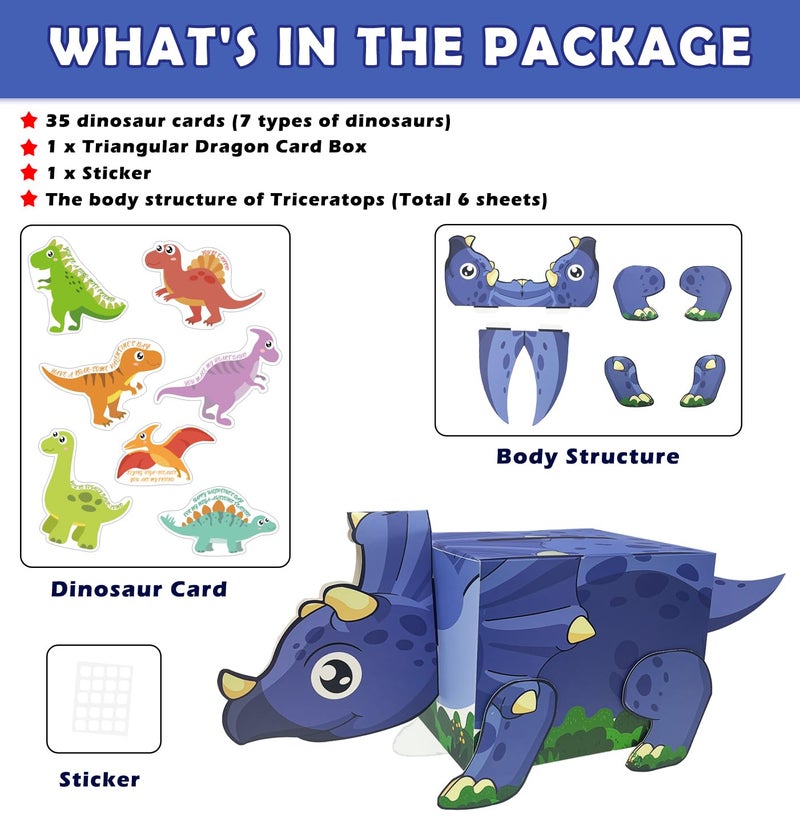 HEIPINIUYE Valentines Card for Kids 3D Dinosaur Valentines Day Box for Kids Classroom School Gift Exchange Party Triceratops Valentine Mailbox with 30 Dinosaur Cards and 5 Teacher Cards - Image 2