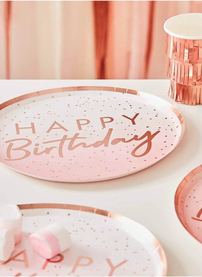 Ginger Ray Happy Birthday Rose Gold Plate - Pack of 8 - Image 1