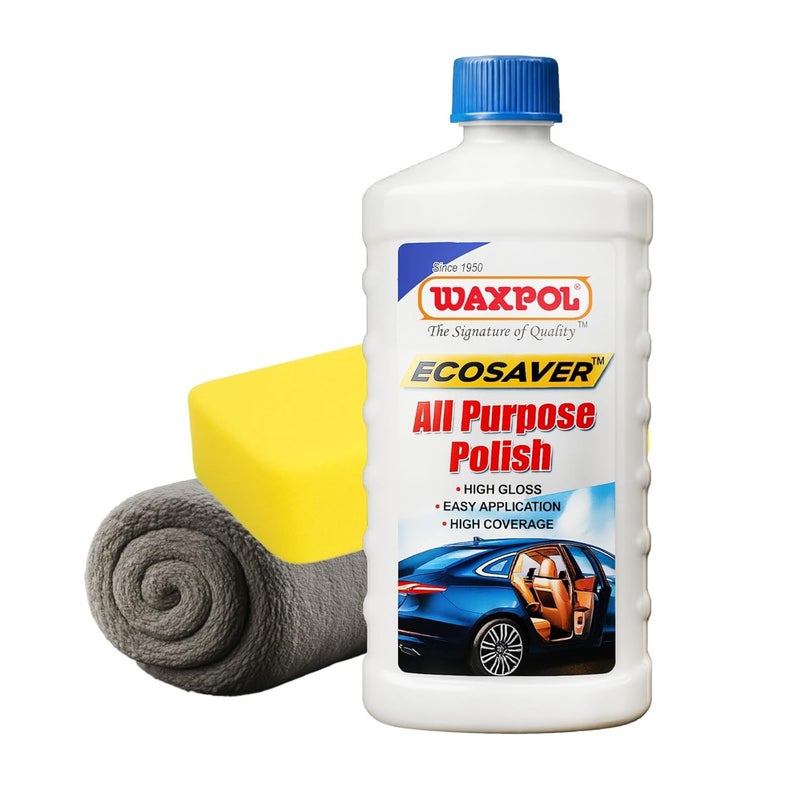 Waxpol Ecosaver All Purpose Polish 1L with Microfiber & Sponge for Multi Surfaces Car, Bike, Vinyl, Dashboard, Tyre, Rubber, Plastic, Leather - Image 1