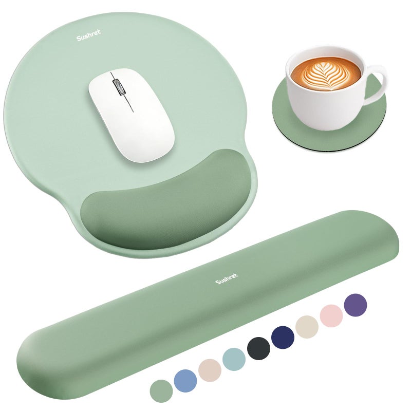 Sushret Mouse Pad and Keyboard Wrist Rest, 3-in-1 Gel Memory Foam Ergonomic Mouse Pad with Wrist Rest Set,Gaming Mousepad Arm Cushion Support for Computer Office Desk Accessories Cute Setup,Sage Green - Image 1