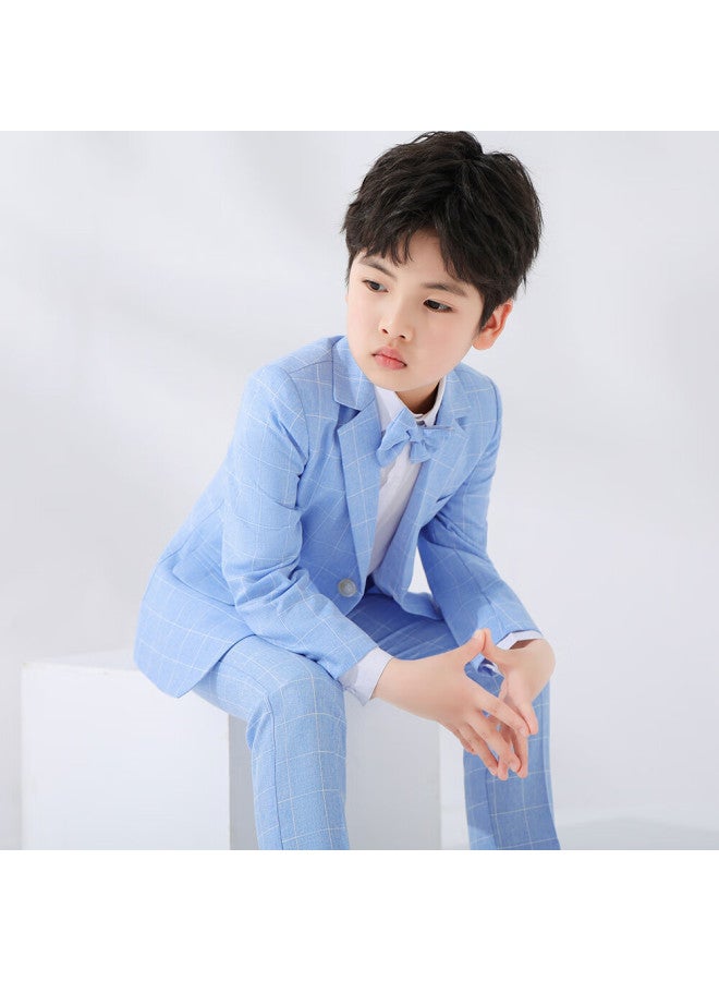 Luobobeibei Boys' Plaid Suit Spring And Autumn Formal Wear Flower Boy Birthday Outfit Blue Four-piece Set Size 120 - Image 2