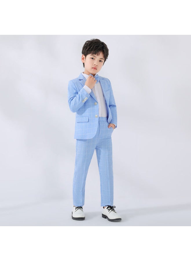 Luobobeibei Boys' Plaid Suit Spring And Autumn Formal Wear Flower Boy Birthday Outfit Blue Four-piece Set Size 120 - Image 1