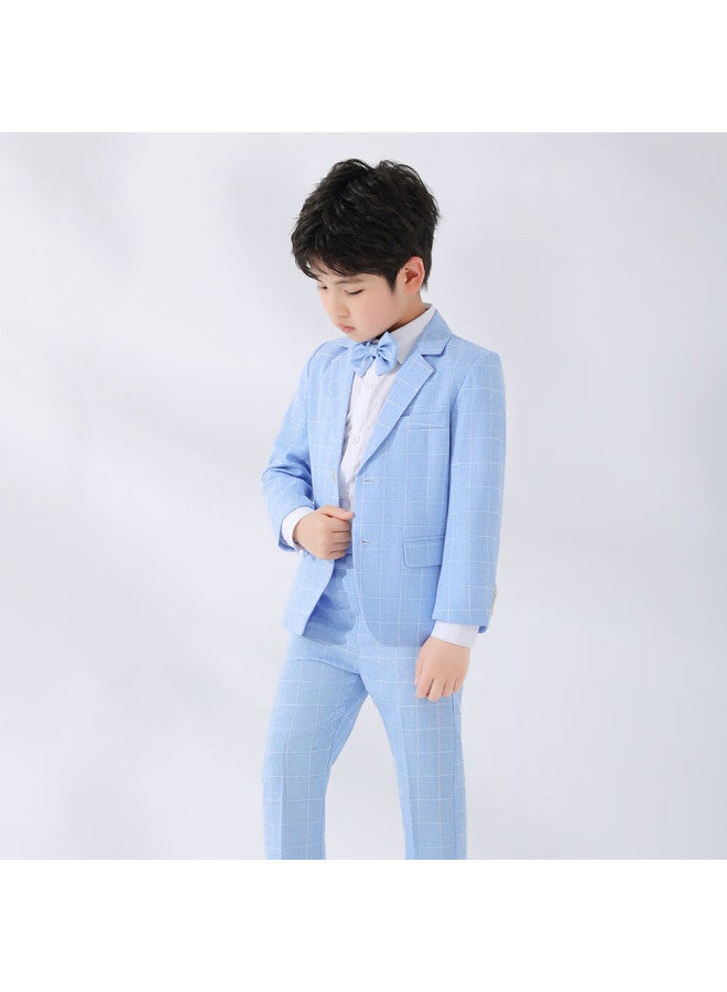 Luobobeibei Boys' Plaid Suit Spring And Autumn Formal Wear Flower Boy Birthday Outfit Blue Four-piece Set Size 120 - Image 4
