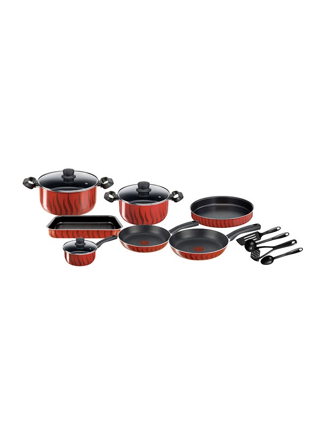 Tefal 14-Piece Tefal G6 Tempo Flame Non-Stick Coating No Pfoa, No Lead, No Cadmium Heat Indicator Cookware Set Includes Frying Pan 24/ 28, Saucepan 16+ Glass Lid, Stewpots 24/ 28+ Glass Lids, Kebbe 28 Cm, Oven Dish, 29x22cm, 4 Accessories (Spoon, Ladle, Long Spatula, Potato Masher) Red - Image 1