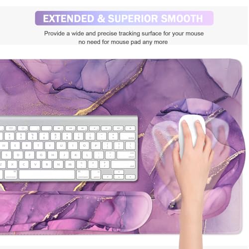 Yunoble 4-in-1 Gaming Mouse Pad Wrist Support Set，Desk Pad + Mouse Pad with Wrist Rest + Keyboard Wrist Rest + Coaster, Ergonomic Design for Home Office Study Game - Purple - Image 4