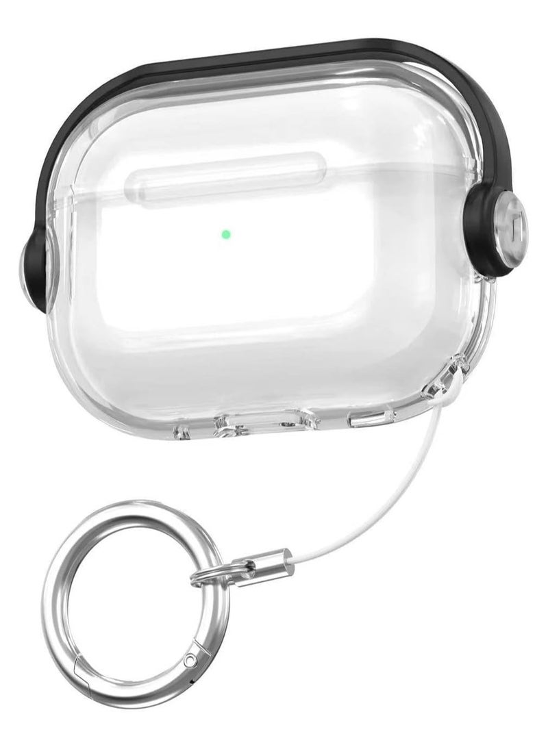 Protective Case for Airpods Pro 2nd (2022/2023) Cover Shockproof, Wireless Charging Case with Safety Lock and Keychain, Anti-Fall Protective Cover (Clear - Black)