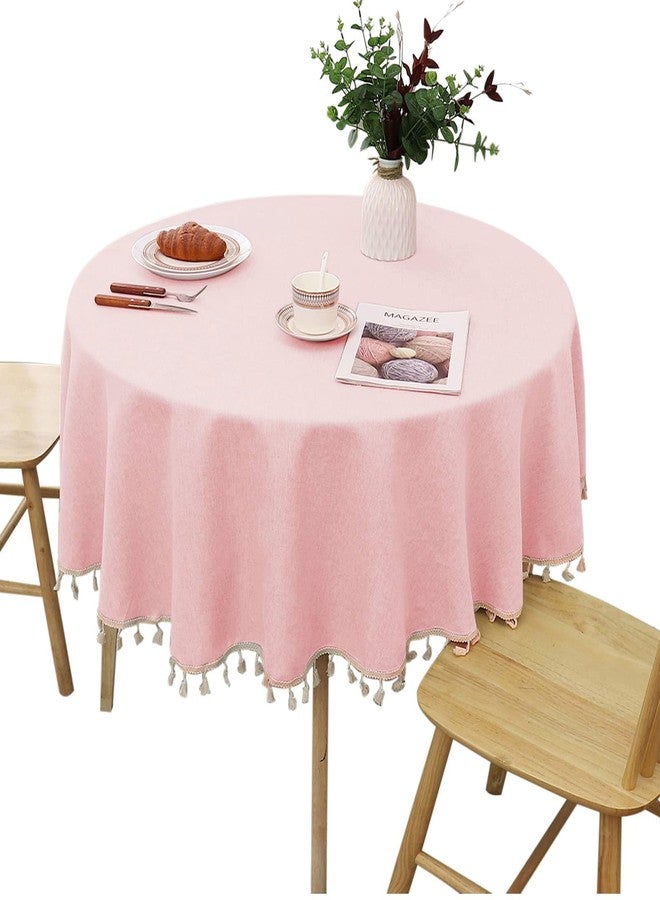 Fhberni Waterproof & Spill Proof Pink Round Tablecloth - Wrinkle Free Polyester, Solid Color with Tassels Reusable Table Cover for Kitchen Dining Decor(Pink, Round-70) - Image 1