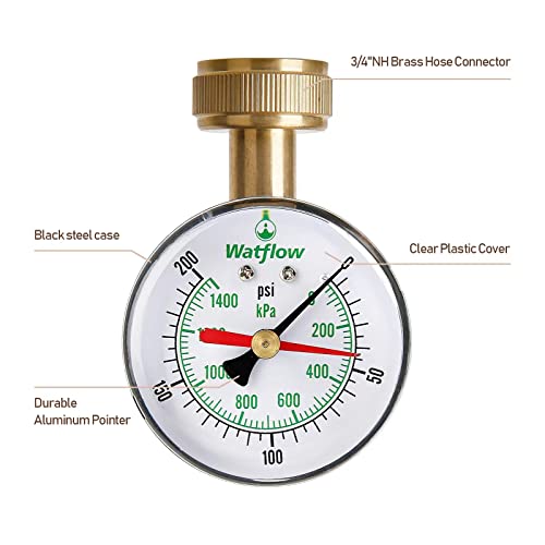 Watflow 2-1/2" Water Pressure Test Gauge, Garden Hose Pressure Gauge, House Water Pressure Gauge, 3/4" Female Hose Thread, 0-200 psi/kpa with Drag Pointer - Image 2