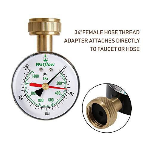 Watflow 2-1/2" Water Pressure Test Gauge, Garden Hose Pressure Gauge, House Water Pressure Gauge, 3/4" Female Hose Thread, 0-200 psi/kpa with Drag Pointer - Image 3