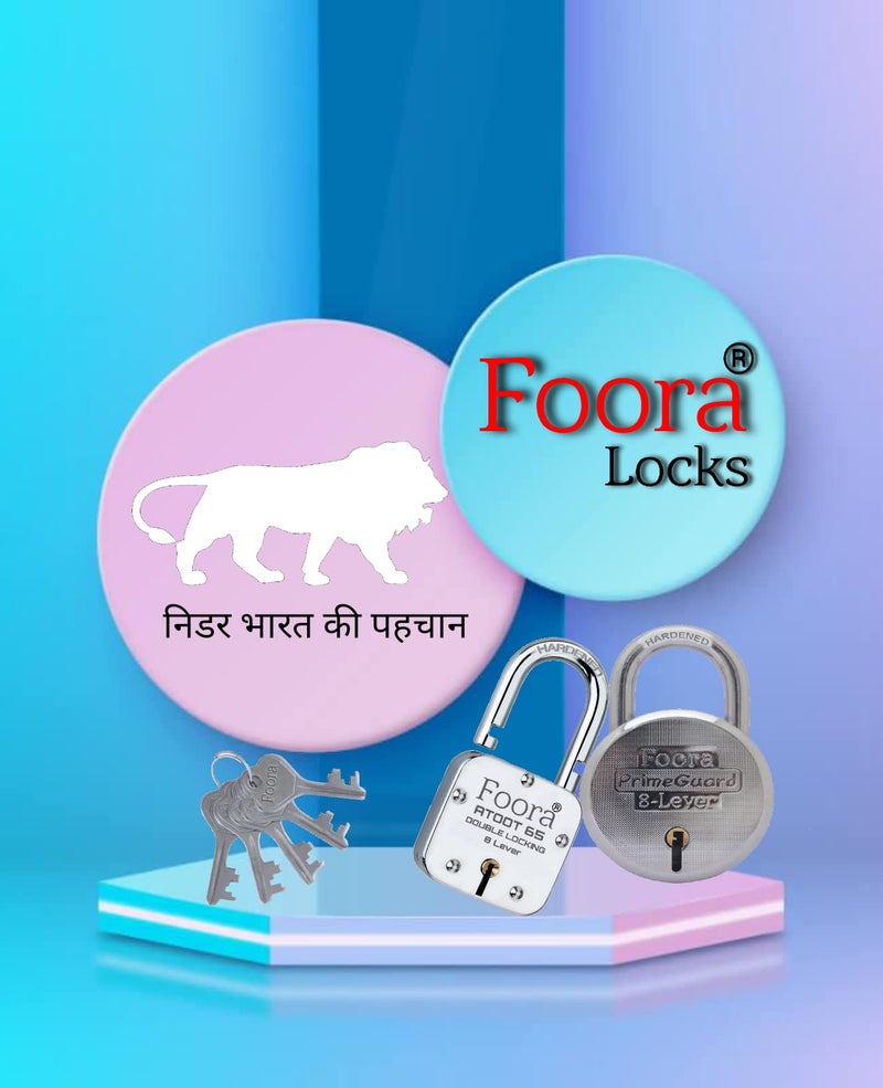 Foora 65mm Brass Padlock | Hardened Shackle & Metal Body with 5 Keys | Double Locking Mechanism | 8 Steel Levers | Ideal for Home, Door, Gate, and Shutter Locks | Silver Finish | Made in India - Image 5