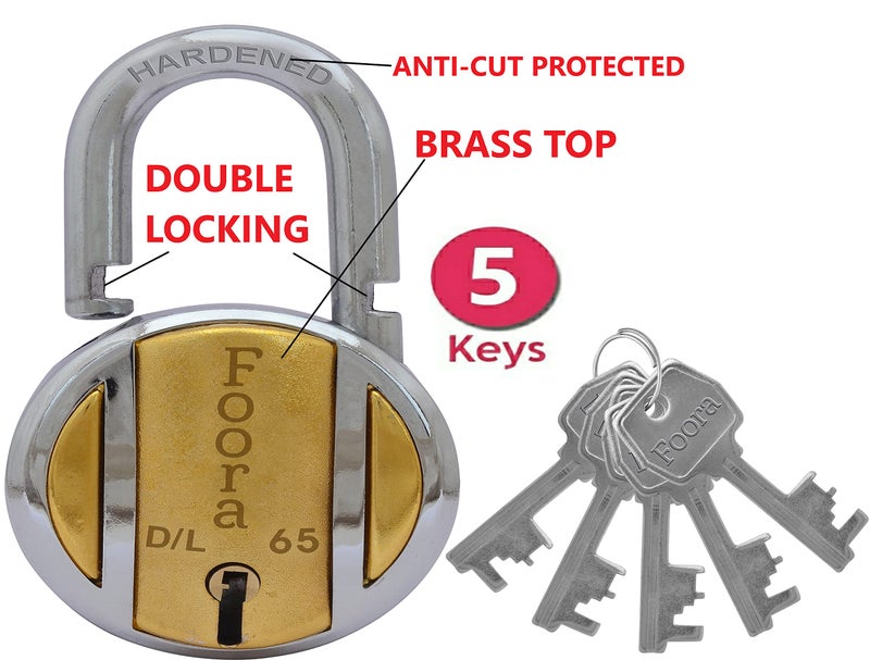 Foora 65mm Brass Padlock | Hardened Shackle & Metal Body with 5 Keys | Double Locking Mechanism | 8 Steel Levers | Ideal for Home, Door, Gate, and Shutter Locks | Silver Finish | Made in India - Image 2